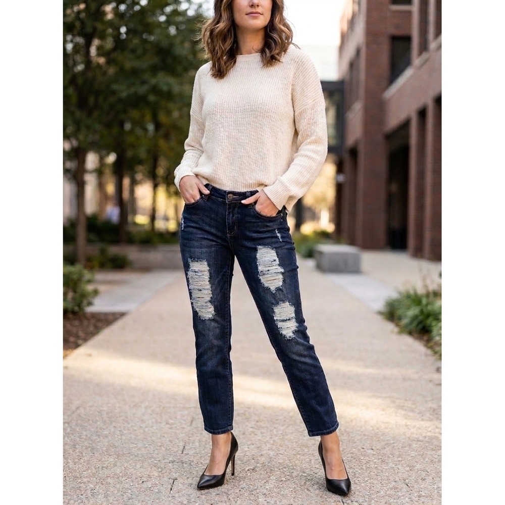 LEI Seven Womens Skinny Distressed Jeans Dark Wash Lace Rhinestone Pockets 28x29